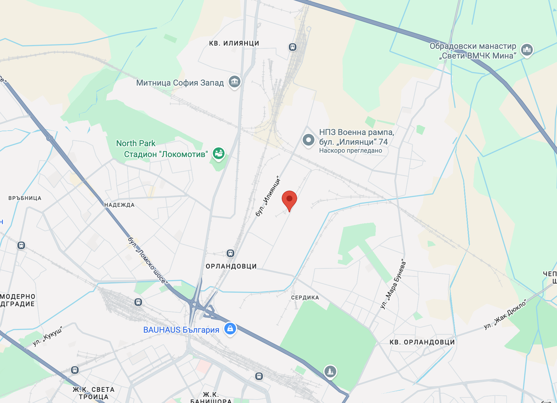 Map of Sofia, Bulgaria, with a red pin on a street near Ilianzi (Илияни) and nearby landmarks like North Park Lokomotiv and Mitnitsa Sofia Zapad (west customs).